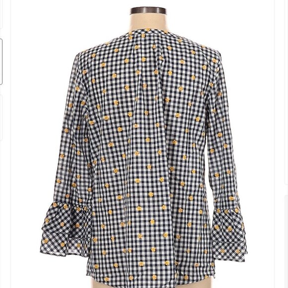 TALBOTS Yellow Flower Buffalo Check Print Long Sleeve Blouse Size M - Picture 2 of 3